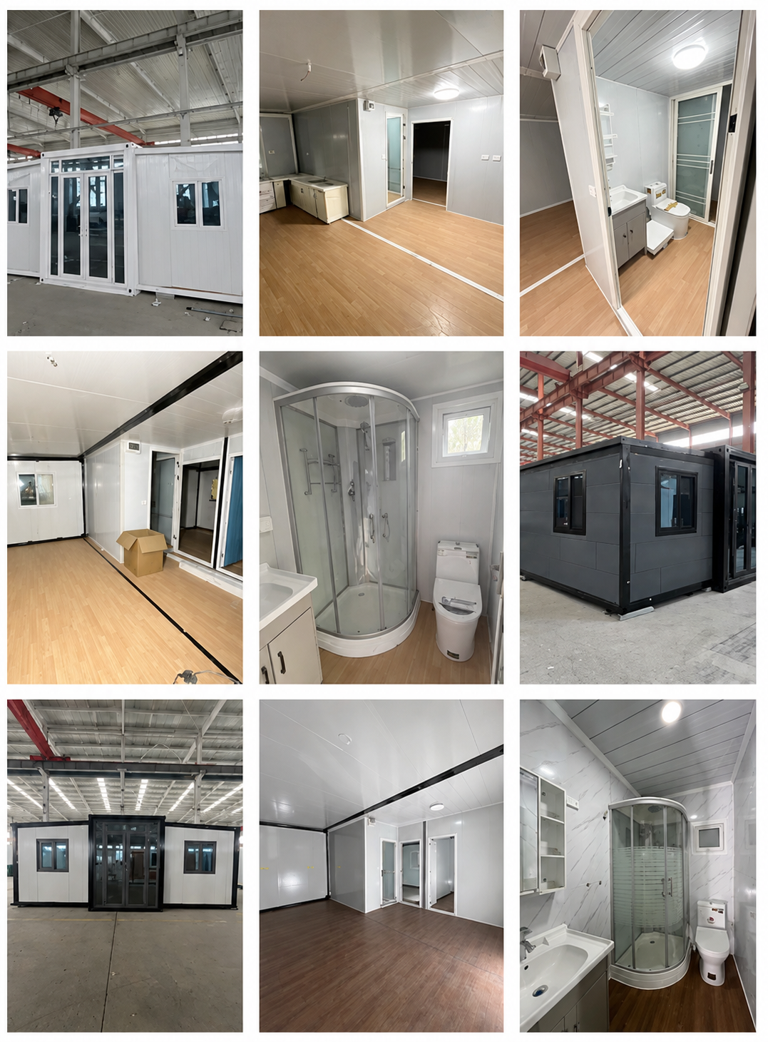 Interior views of expandable modular prefab house with kitchen bathroom shower and living spaces