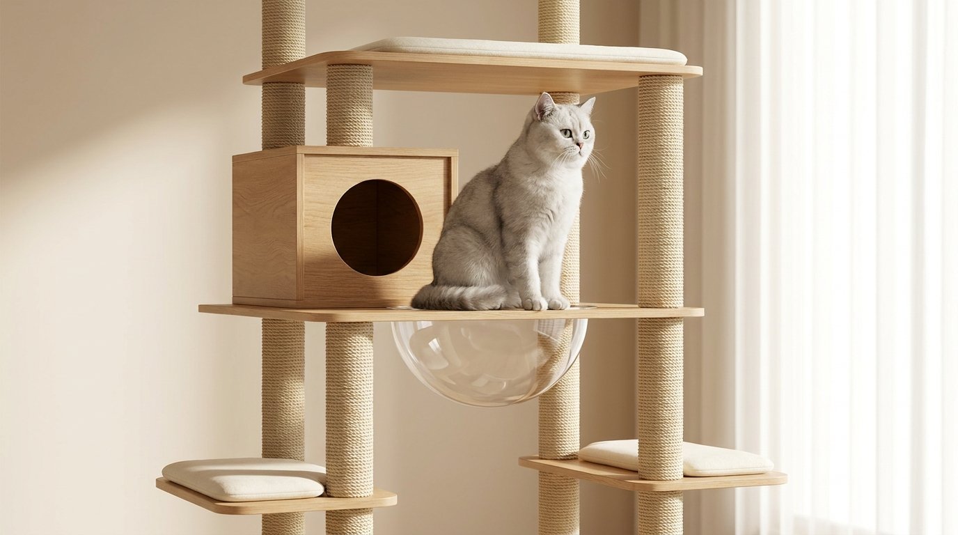Modern 68.9 inch wooden cat tree with acrylic capsule and natural sisal scratching posts