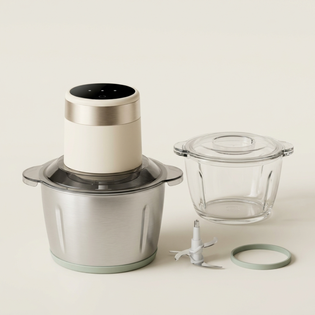 Electric Food Chopper with Stainless Steel & Glass Bowls, 4-Blade System and Touch Control