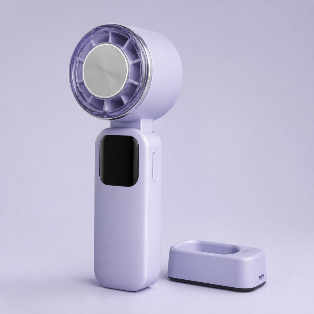 Foldable Handheld Cooling Fan with Cold Plate, Digital Display & Desktop Base
