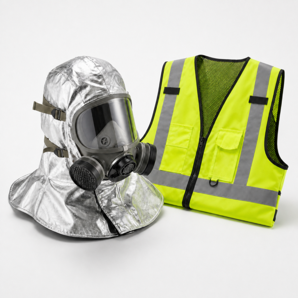 Emergency Smoke Escape Hood & Hi-Vis Reflective Safety Vest Set with Dual-Filter Full-Face Respirator