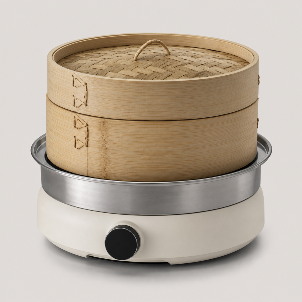 Electric Bamboo Steamer with Multi-Tier Natural Bamboo Baskets for Dumplings, Dim Sum & Healthy Cooking