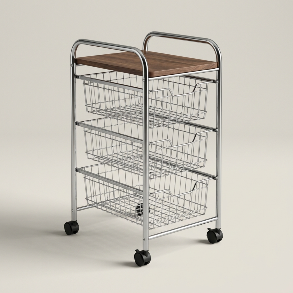 3-Tier Rolling Storage Cart with Pull-Out Wire Baskets & Wood Top