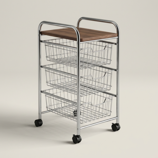 01_主图_三分之四角度 3-Tier Rolling Storage Cart with Pull-Out Wire Baskets & Wood Top