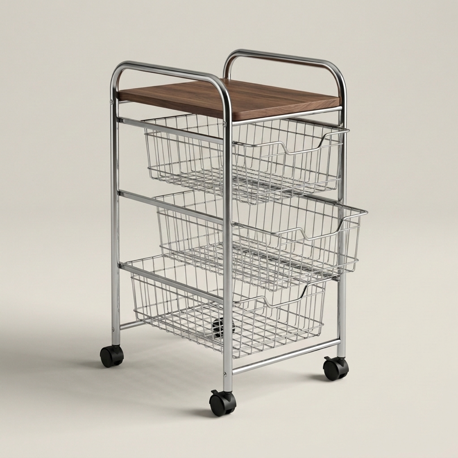 Rolling kitchen storage cart with three pull-out wire baskets