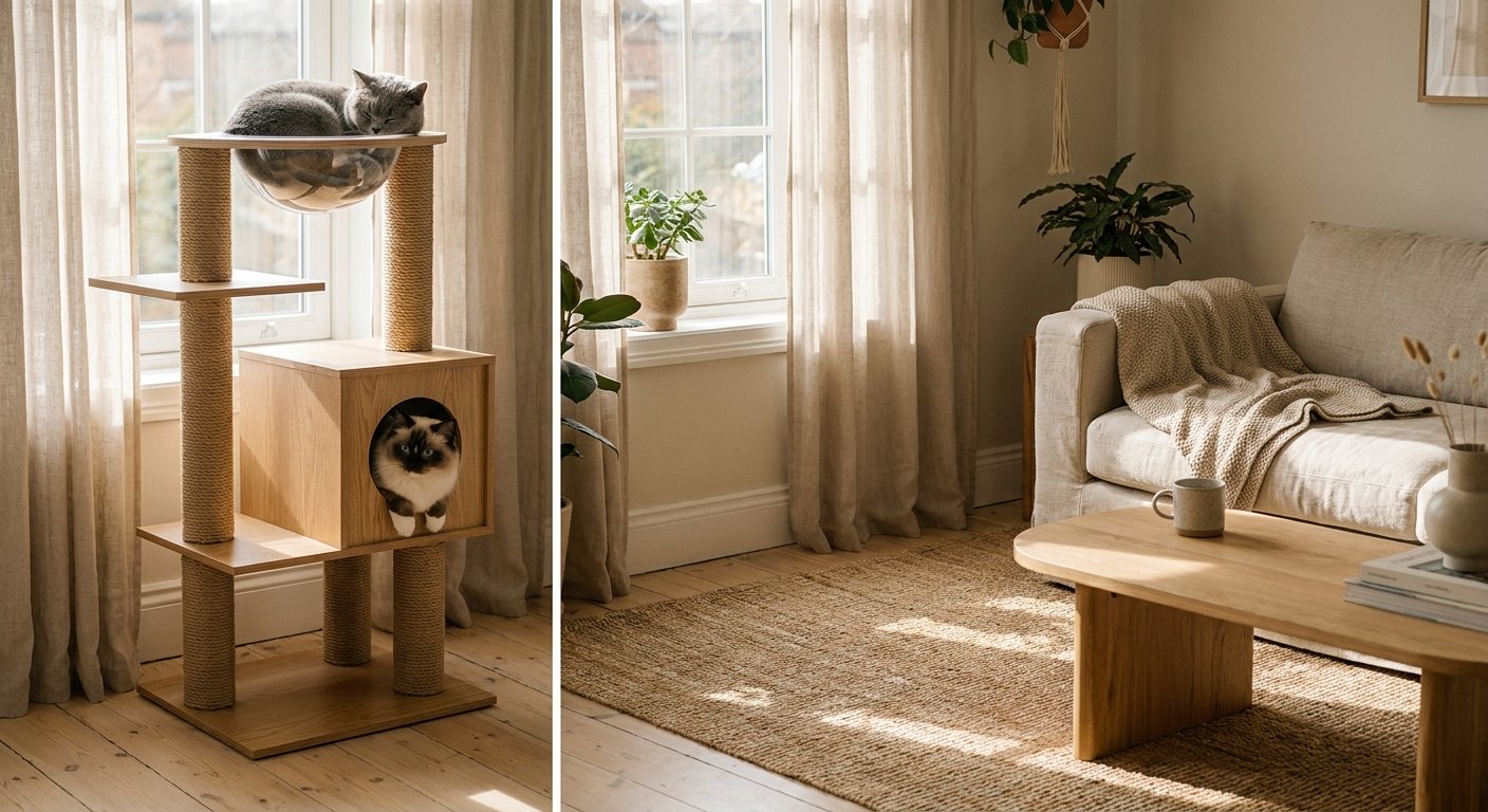 Multi-tier wooden cat tree for multiple indoor cats in a warm modern living room