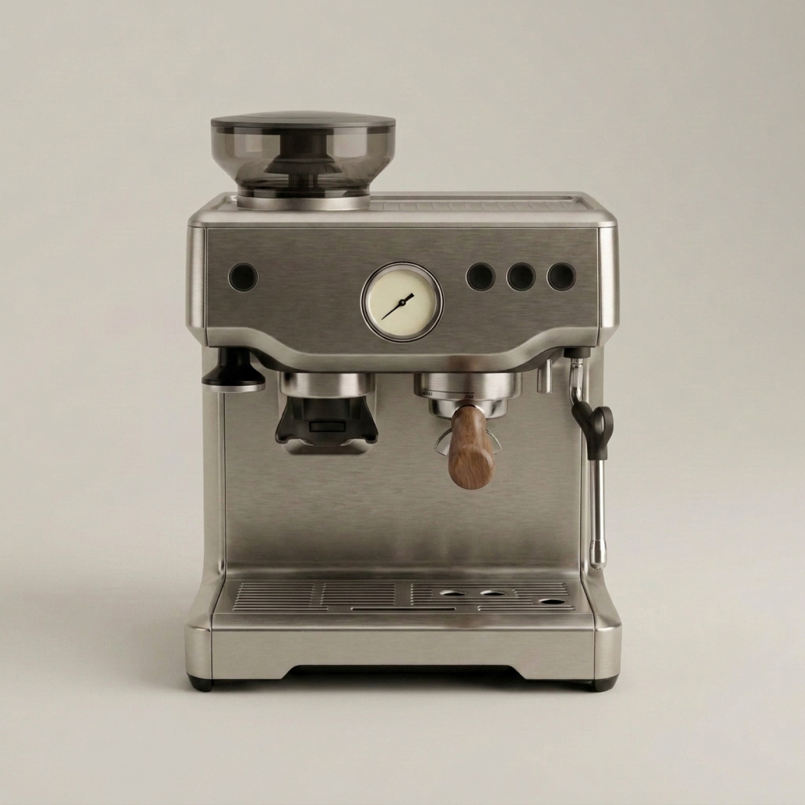 Front view of stainless steel espresso coffee machine with integrated grinder