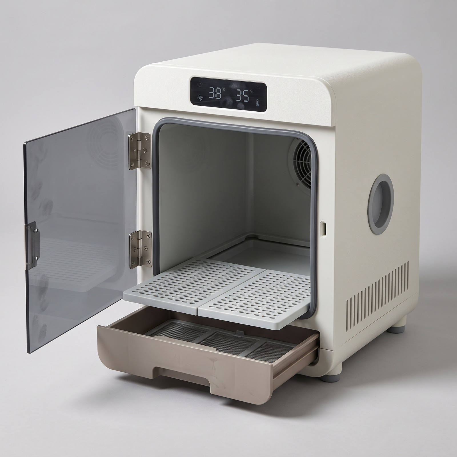Smart pet dryer box with open door ventilated floor and removable hair collection drawer