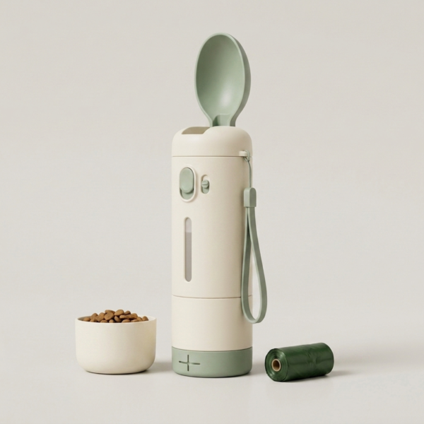 02_主图_三合一配件展示 3-in-1 Portable Pet Travel Water Bottle with Food Container & Waste Bag Dispenser