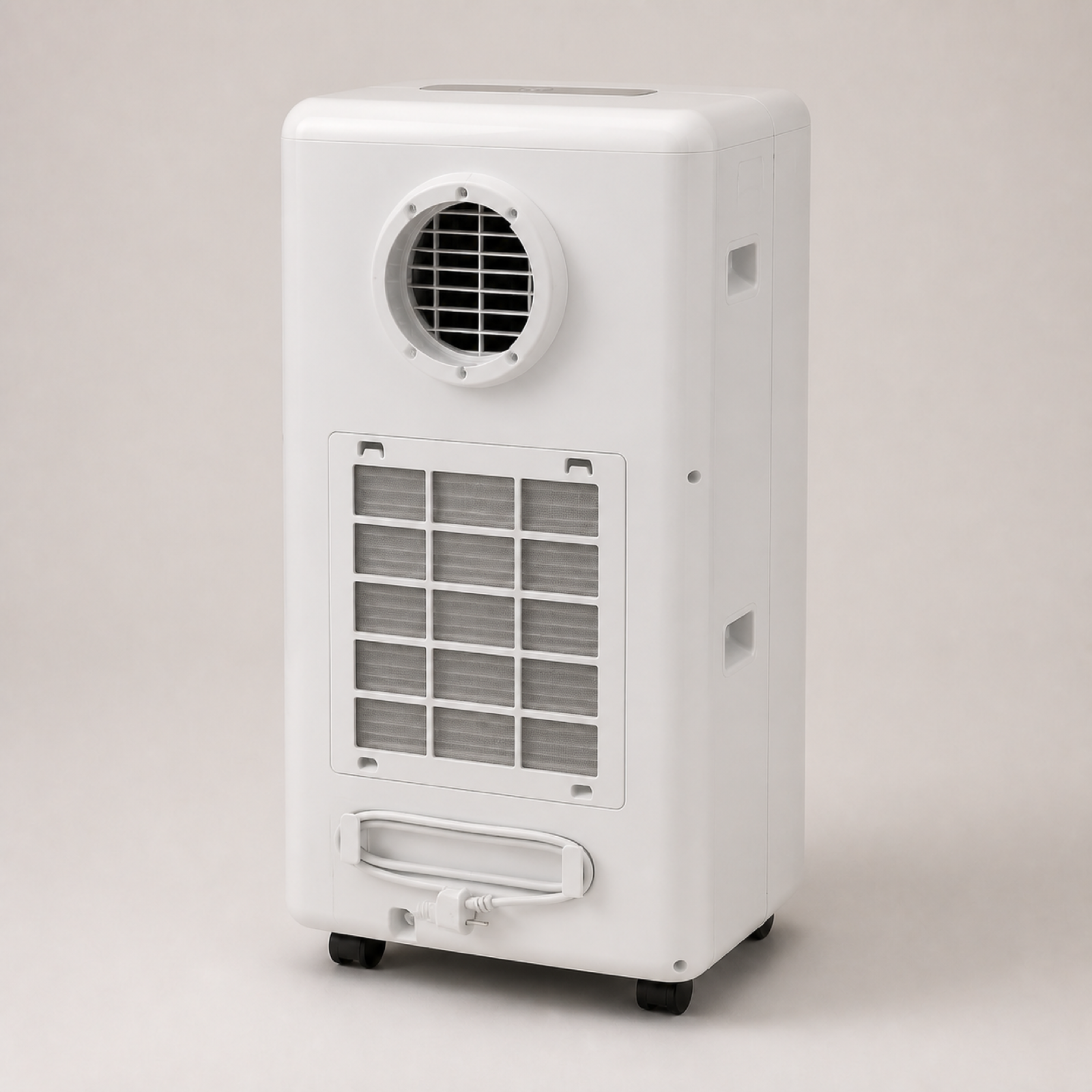 Portable air conditioner rear view with exhaust outlet, washable filter and caster wheels