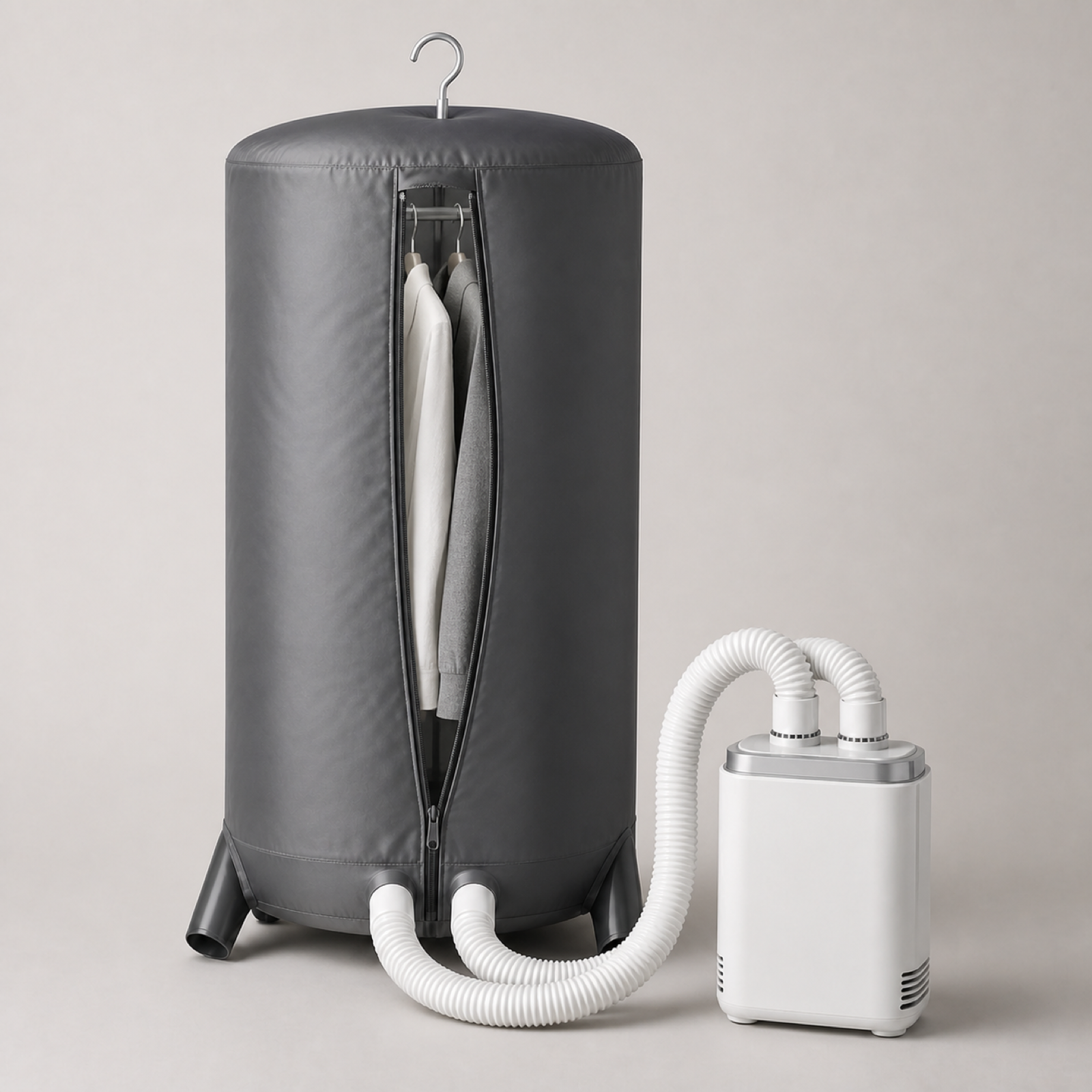Portable dual-hose clothes dryer with hanging drying bag and warm air heater unit