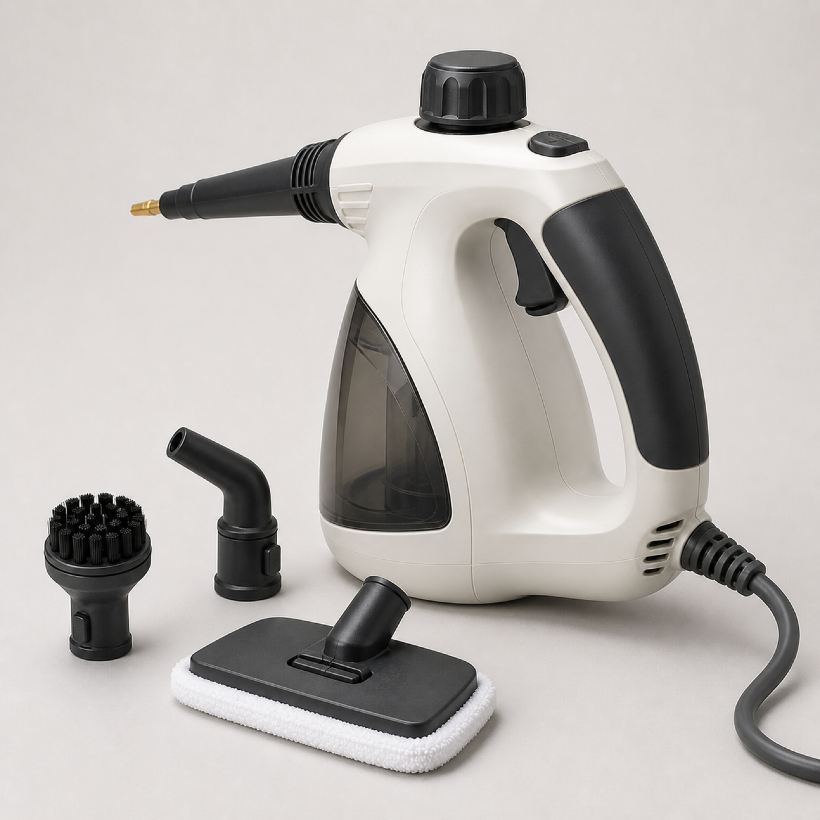 Handheld high-temperature steam cleaner viewed from another angle with compact water tank