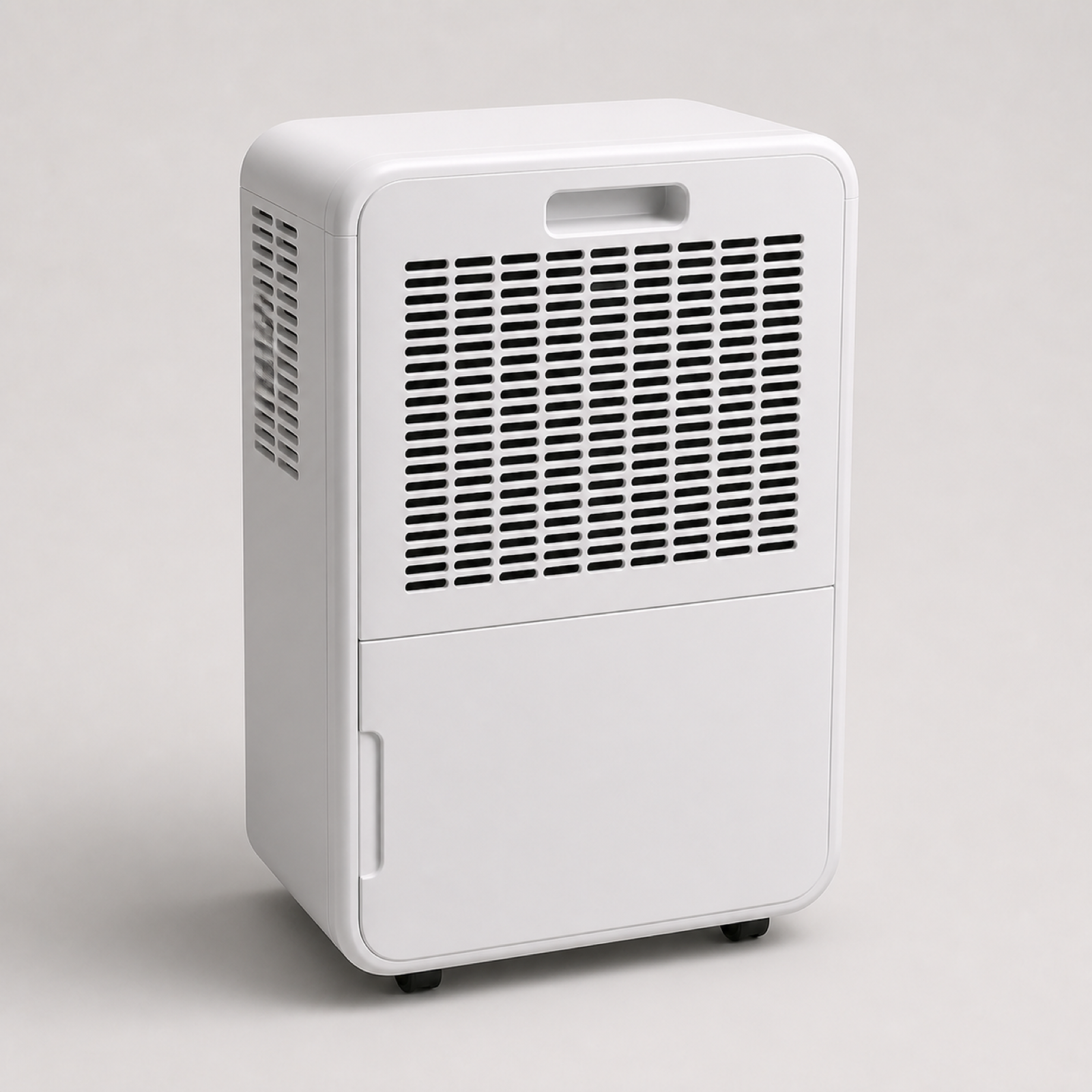 Portable home dehumidifier with large rear air intake and removable water tank
