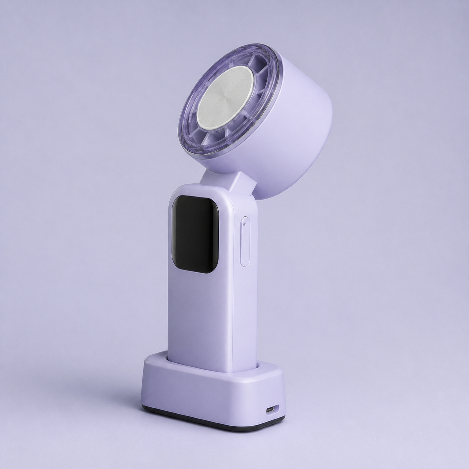 Foldable handheld cooling fan showing adjustable fan head positions