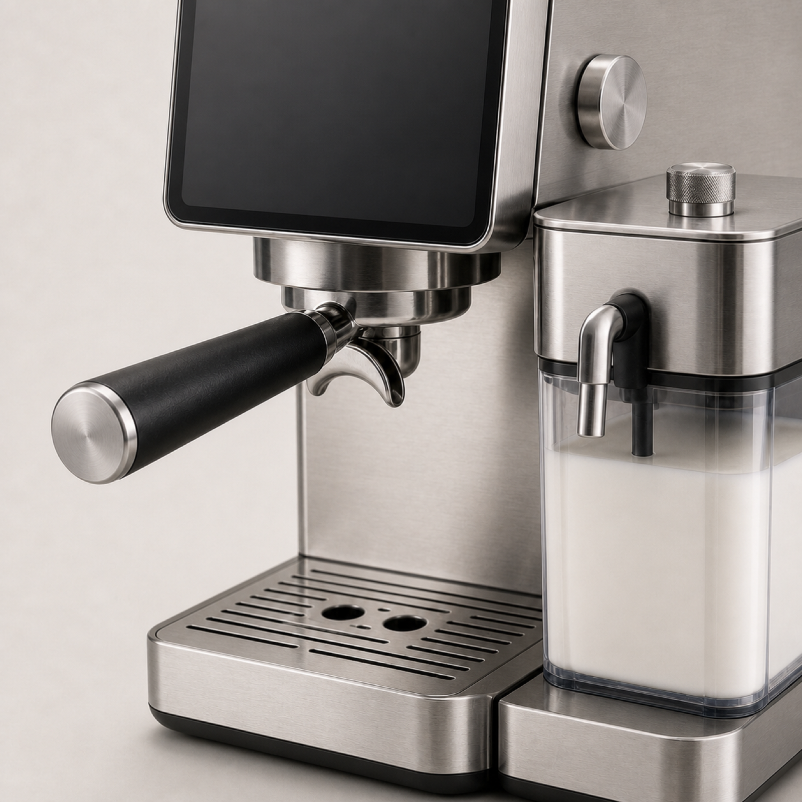 Portafilter brewing group detail on semi-automatic espresso machine