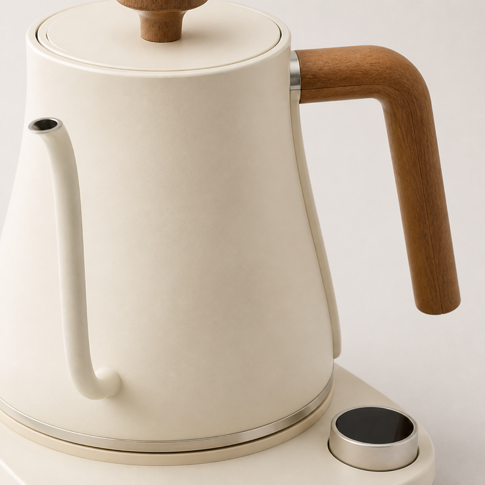 Electric gooseneck kettle spout and ergonomic handle detail