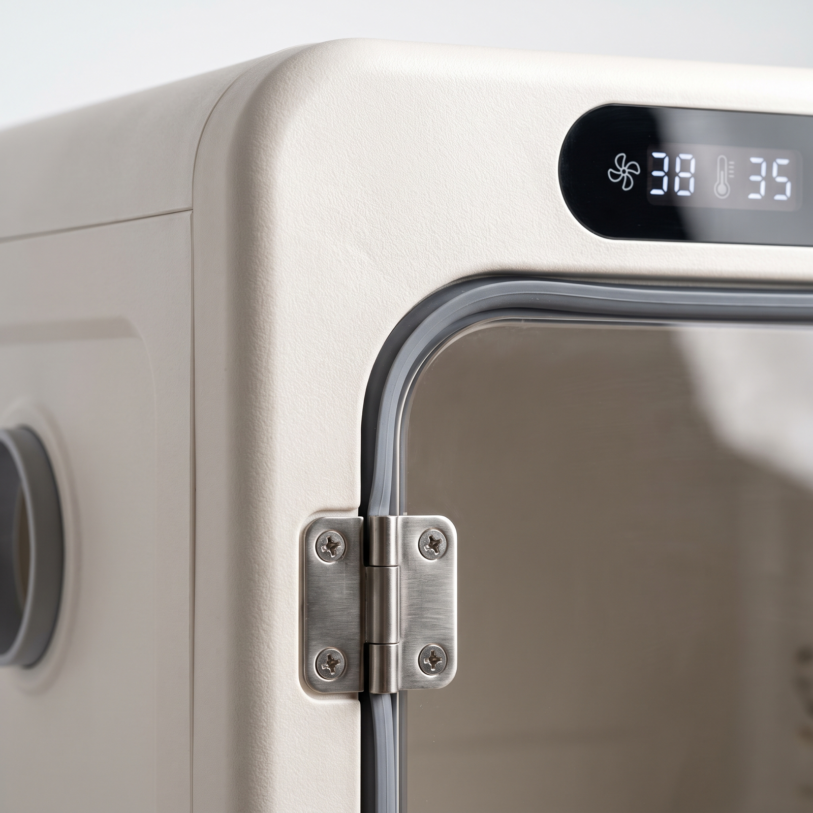 Digital display door seal and metal hinge detail on smart pet dryer box