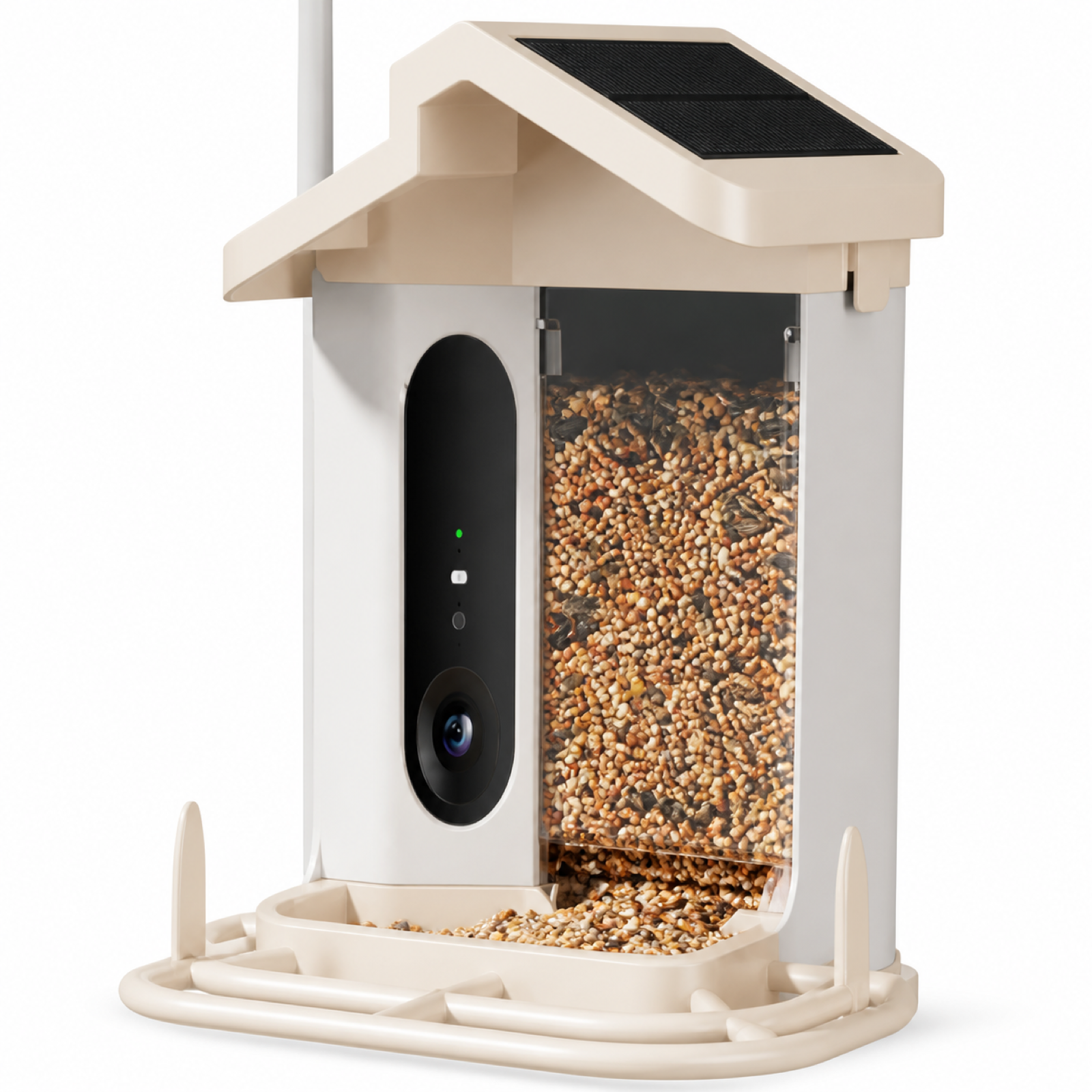 Transparent seed hopper and bird perch feeding tray on smart bird feeder