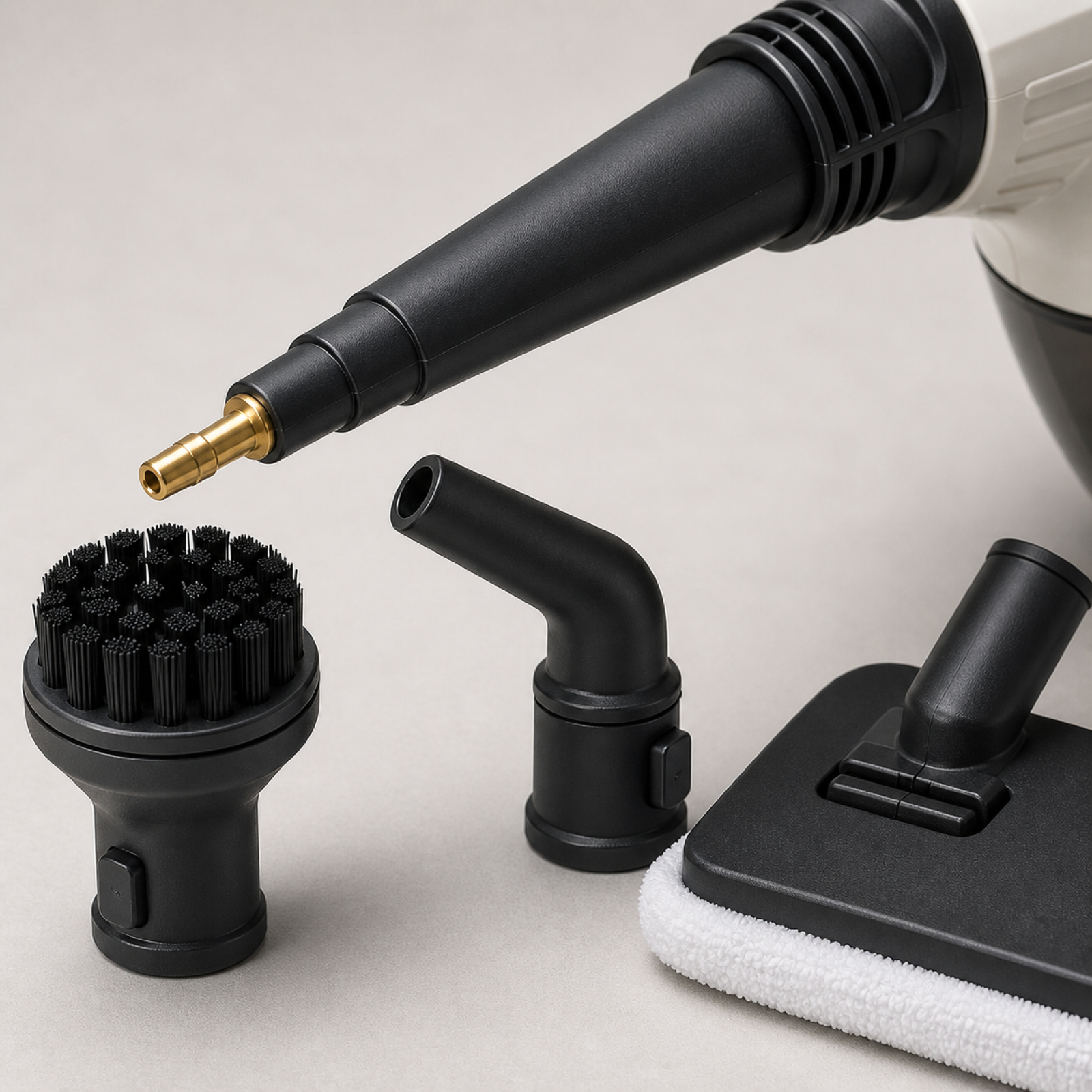 Close-up of precision steam nozzle and brush attachments for handheld steam cleaner