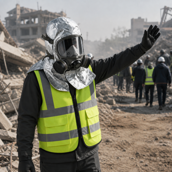 03_场景图 Emergency Smoke Escape Hood & Hi-Vis Reflective Safety Vest Set with Dual-Filter Full-Face Respirator