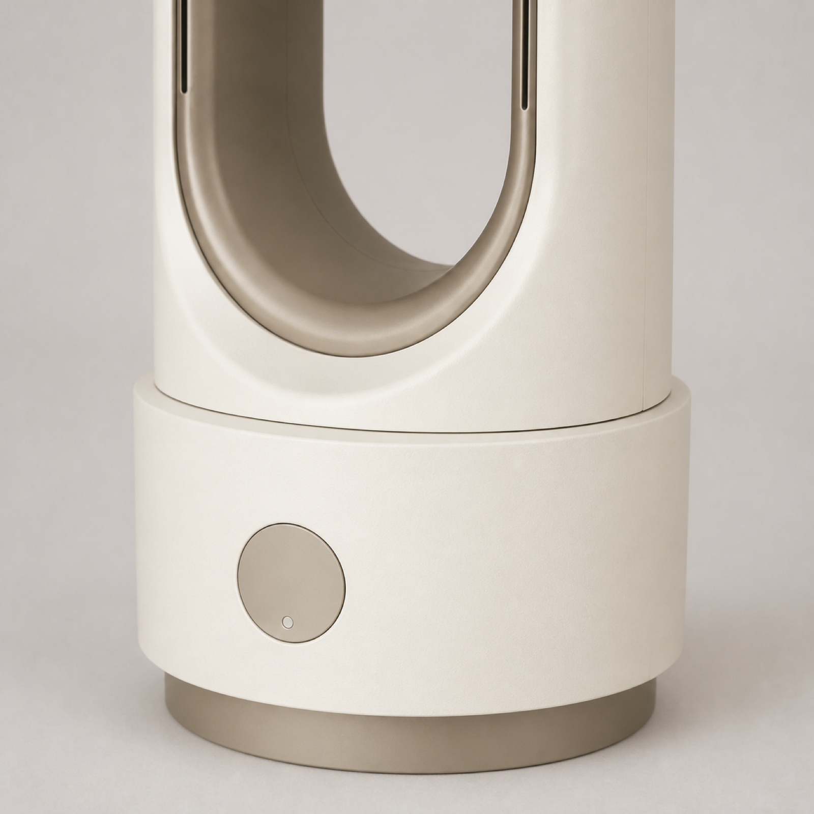 Close-up detail of bladeless fan inner airflow channel and outlet structure