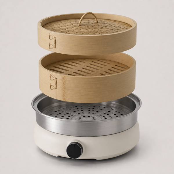 03_细节_分层蒸汽结构 Electric Bamboo Steamer with Multi-Tier Natural Bamboo Baskets for Dumplings, Dim Sum & Healthy Cooking