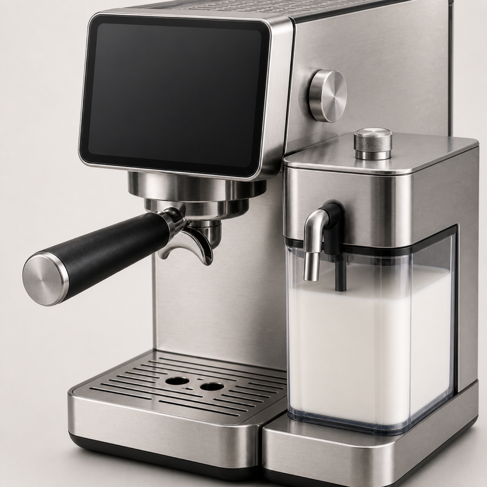 Milk frothing module on touchscreen espresso coffee machine