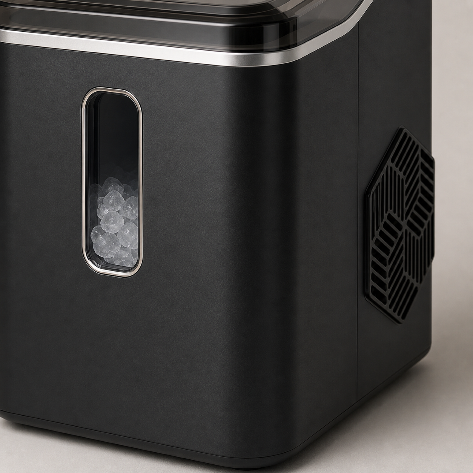 Nugget ice maker viewing window and ventilation system detail