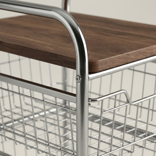 03_细节_镀铬框架连接 3-Tier Rolling Storage Cart with Pull-Out Wire Baskets & Wood Top