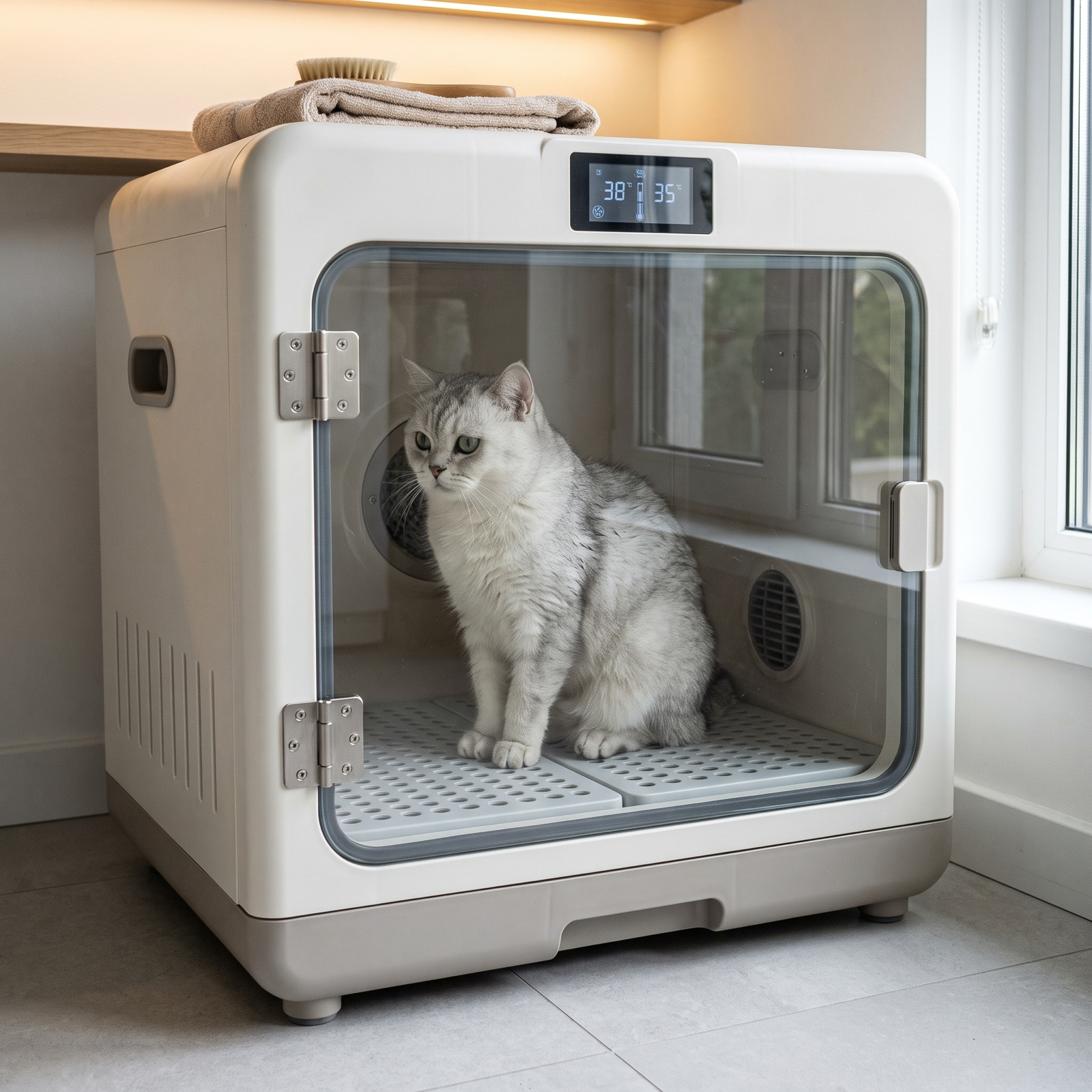 British Shorthair cat inside smart pet dryer box at home