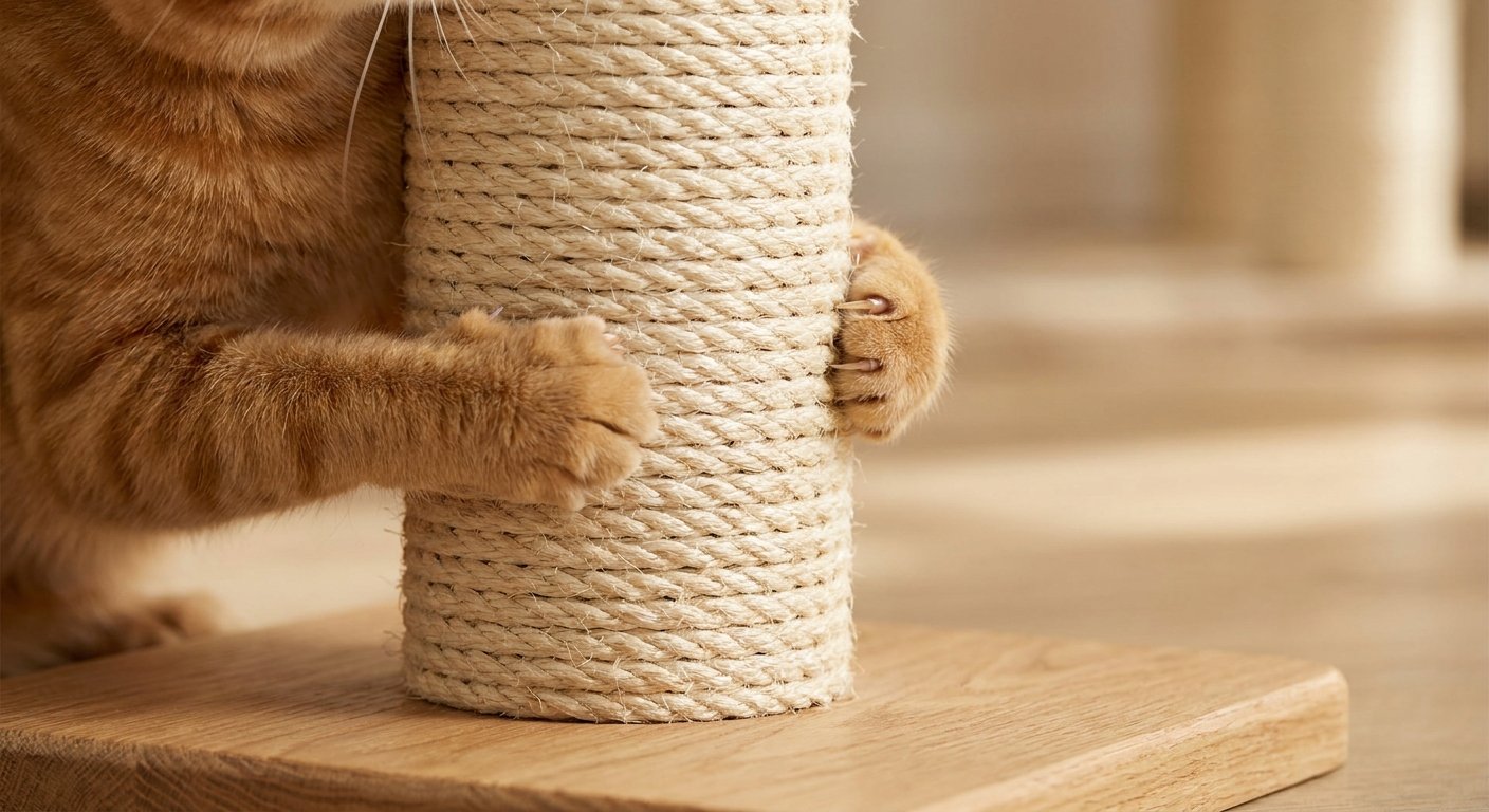 Natural sisal scratching post detail on modern wooden cat tree