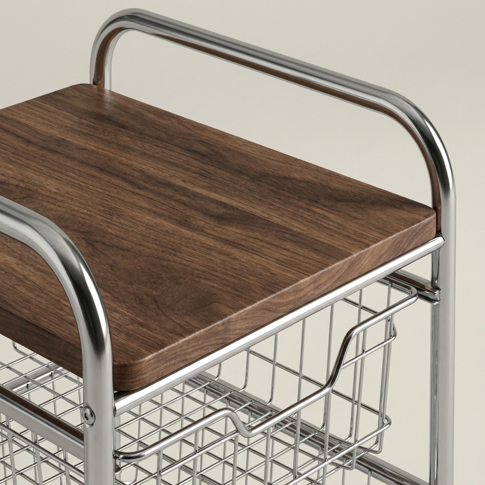 Dark wood grain top surface on metal rolling storage cart