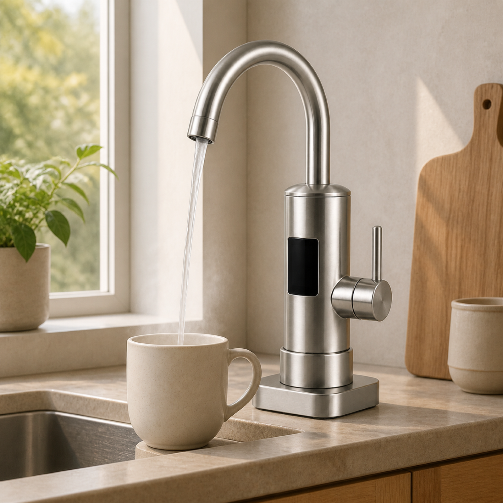 Instant electric heating faucet providing hot water in a modern kitchen