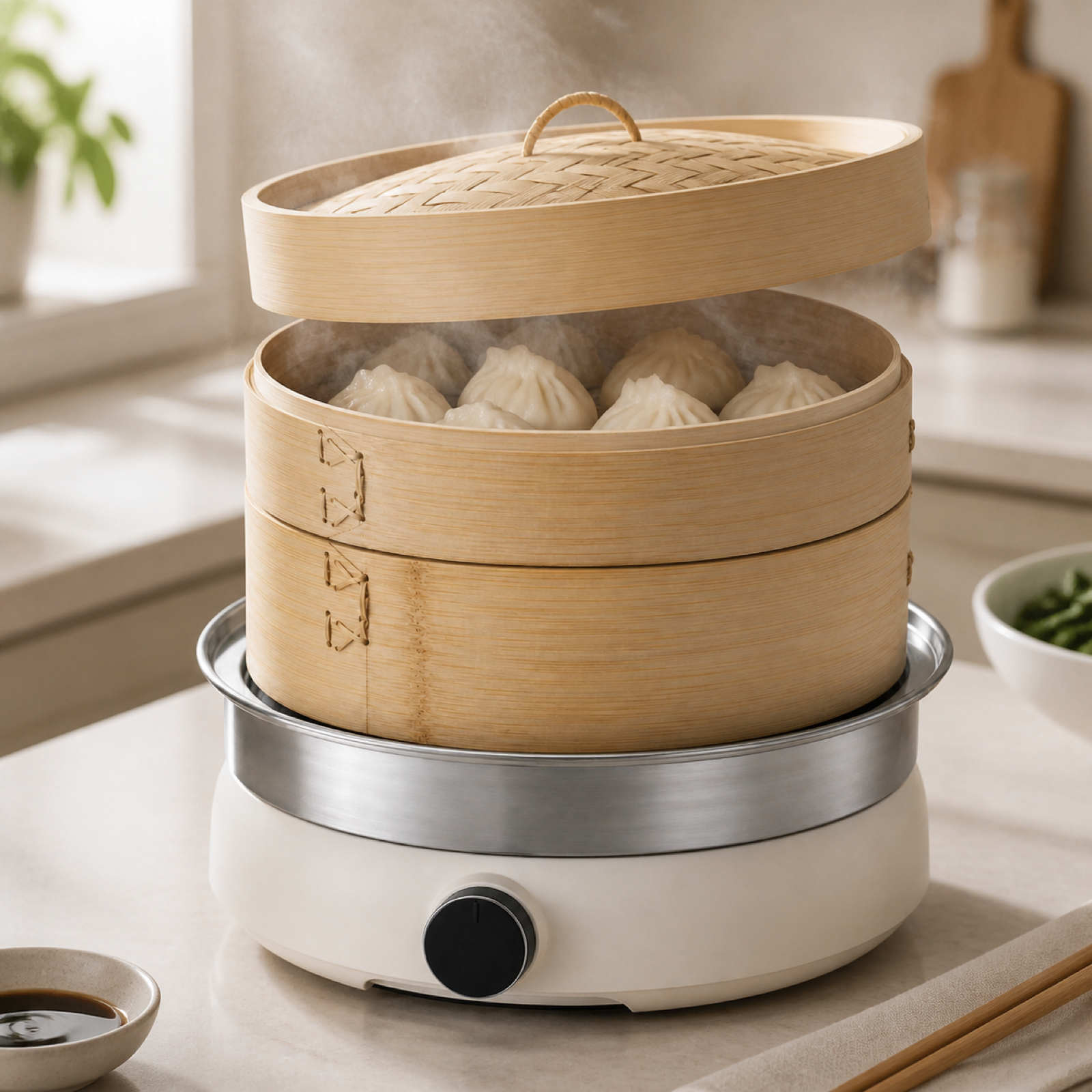 Electric bamboo steamer cooking dumplings and dim sum in a home kitchen