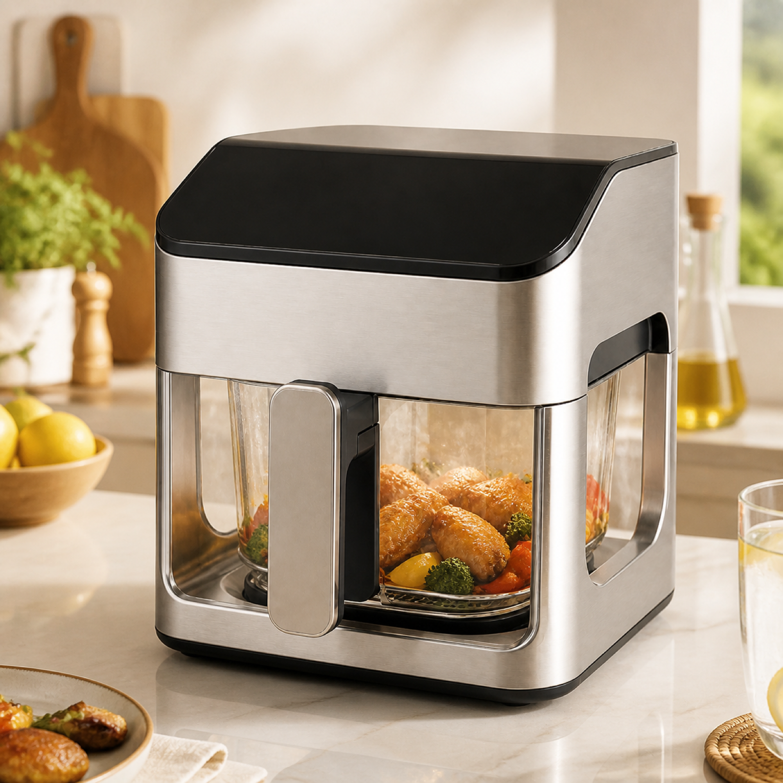 Transparent air fryer showing food during visible hot air cooking