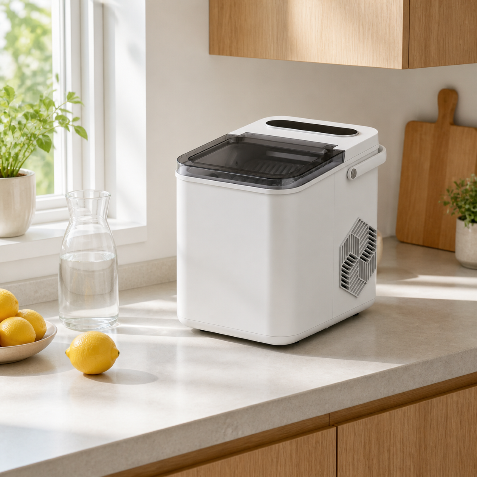 Countertop bullet ice maker in a bright summer kitchen