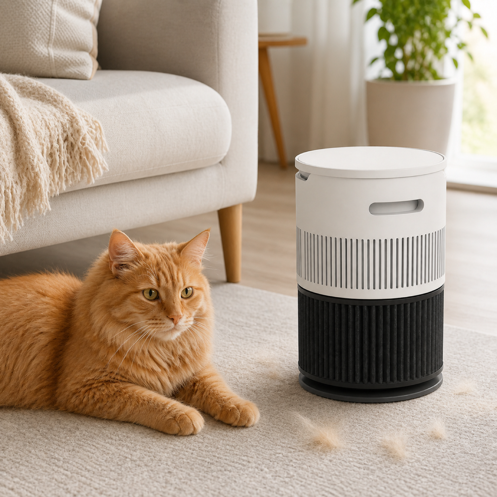 Pet air purifier operating in a living room with a cat