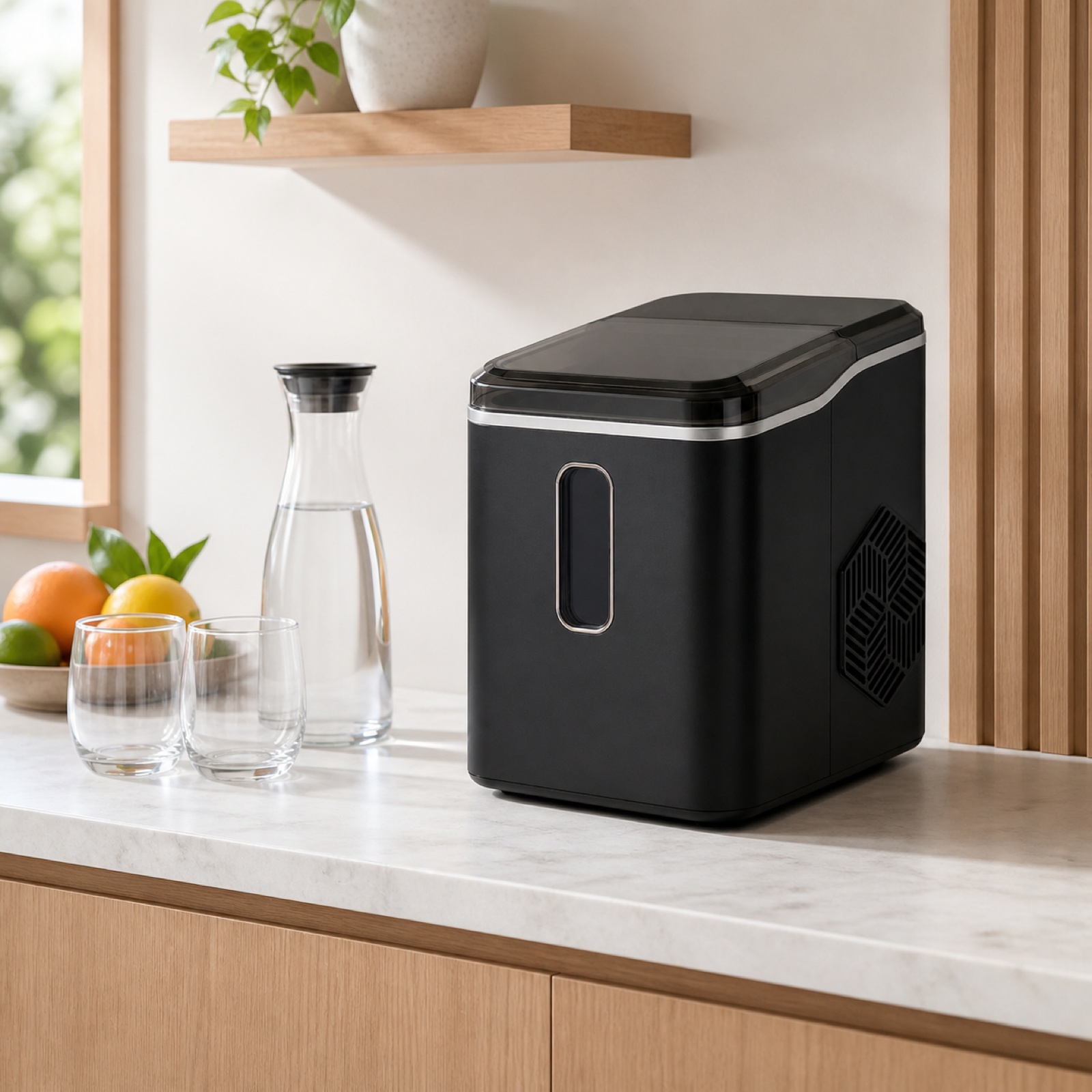 Countertop nugget ice maker on a modern home beverage station