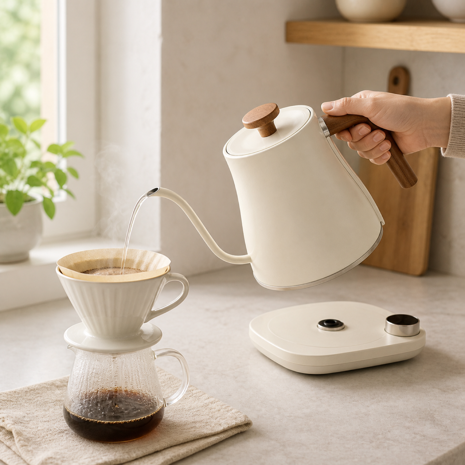 Gooseneck electric kettle pouring water for pour-over coffee