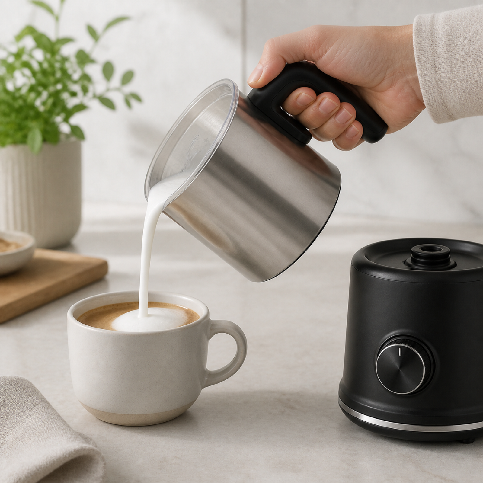 Electric milk frother preparing foam for latte coffee