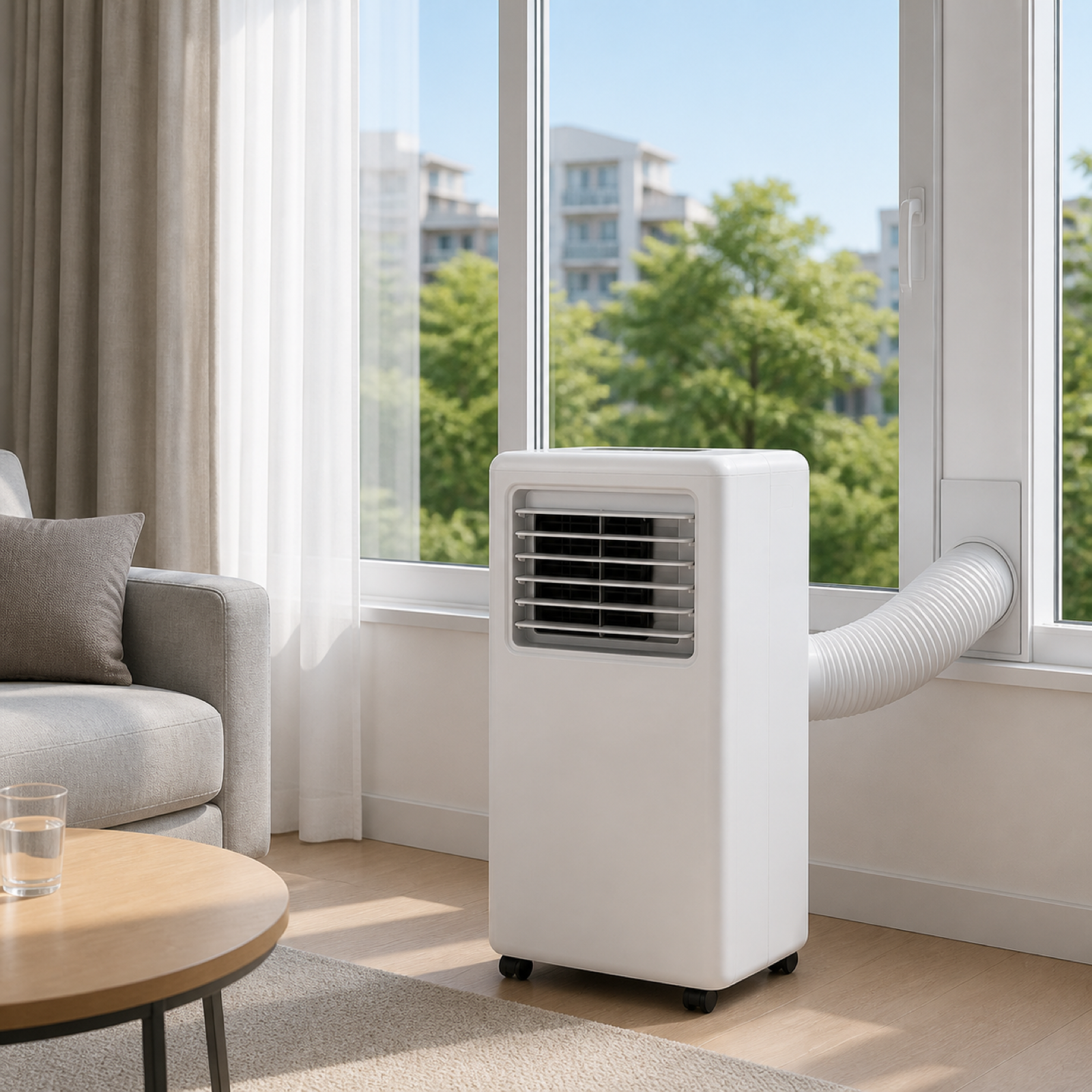 Portable air conditioner cooling a bright modern living room through a window exhaust hose