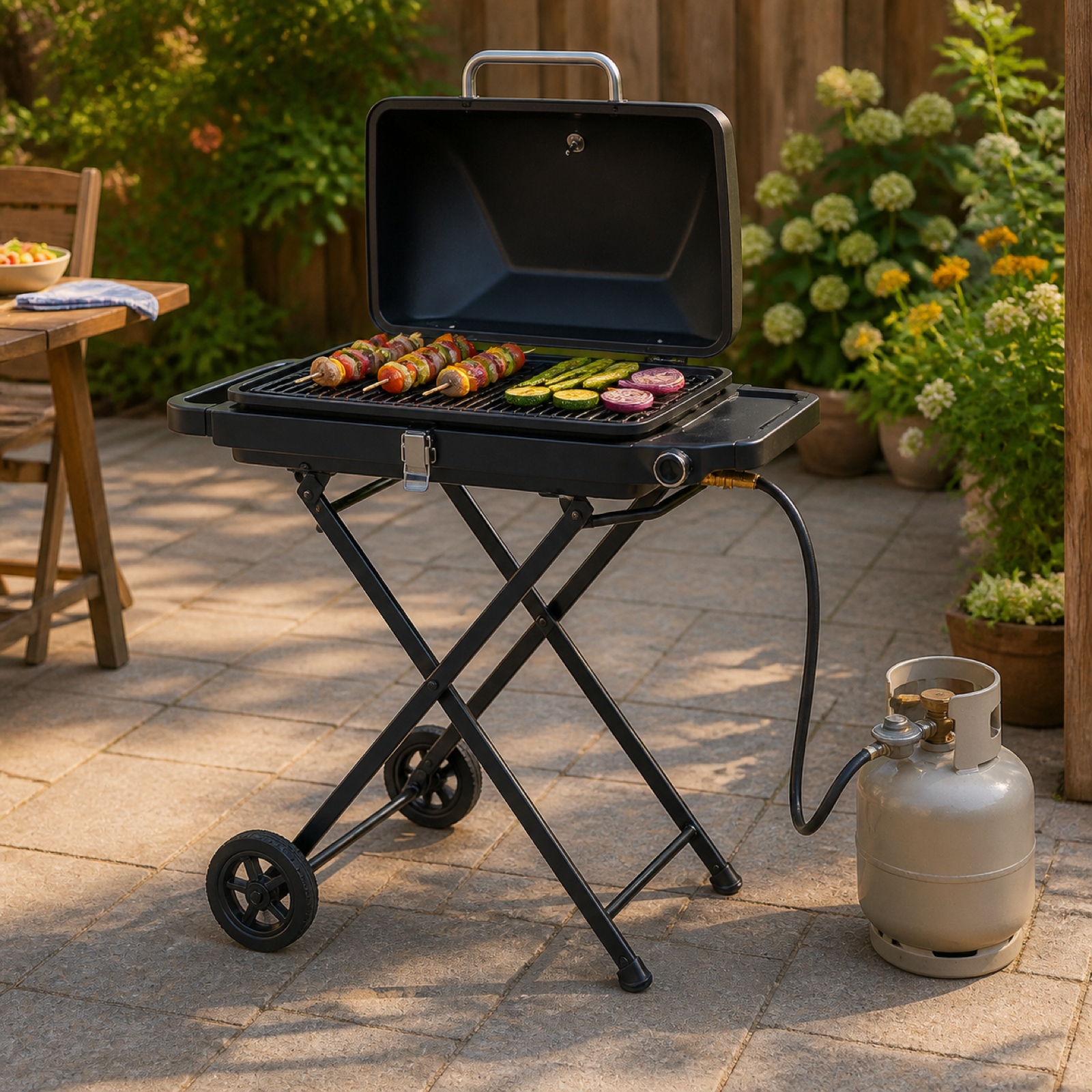 Portable gas barbecue grill used for outdoor cooking on a modern patio
