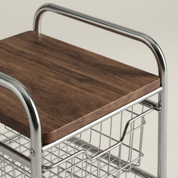 04_细节_深色木纹顶板 3-Tier Rolling Storage Cart with Pull-Out Wire Baskets & Wood Top