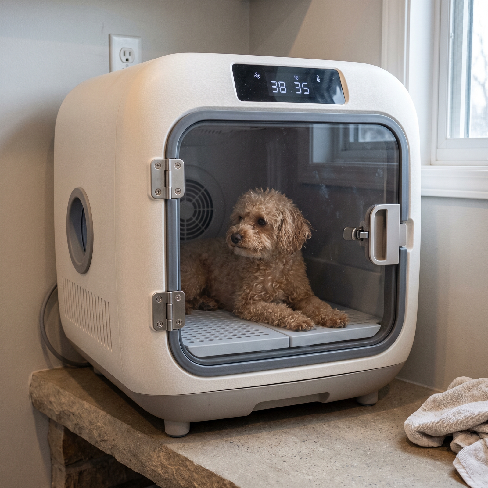 Small dog drying inside enclosed pet dryer box after grooming