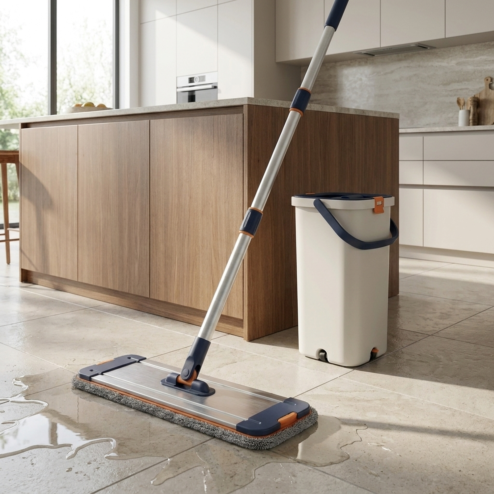 Self-cleaning flat mop cleaning tiled kitchen floor