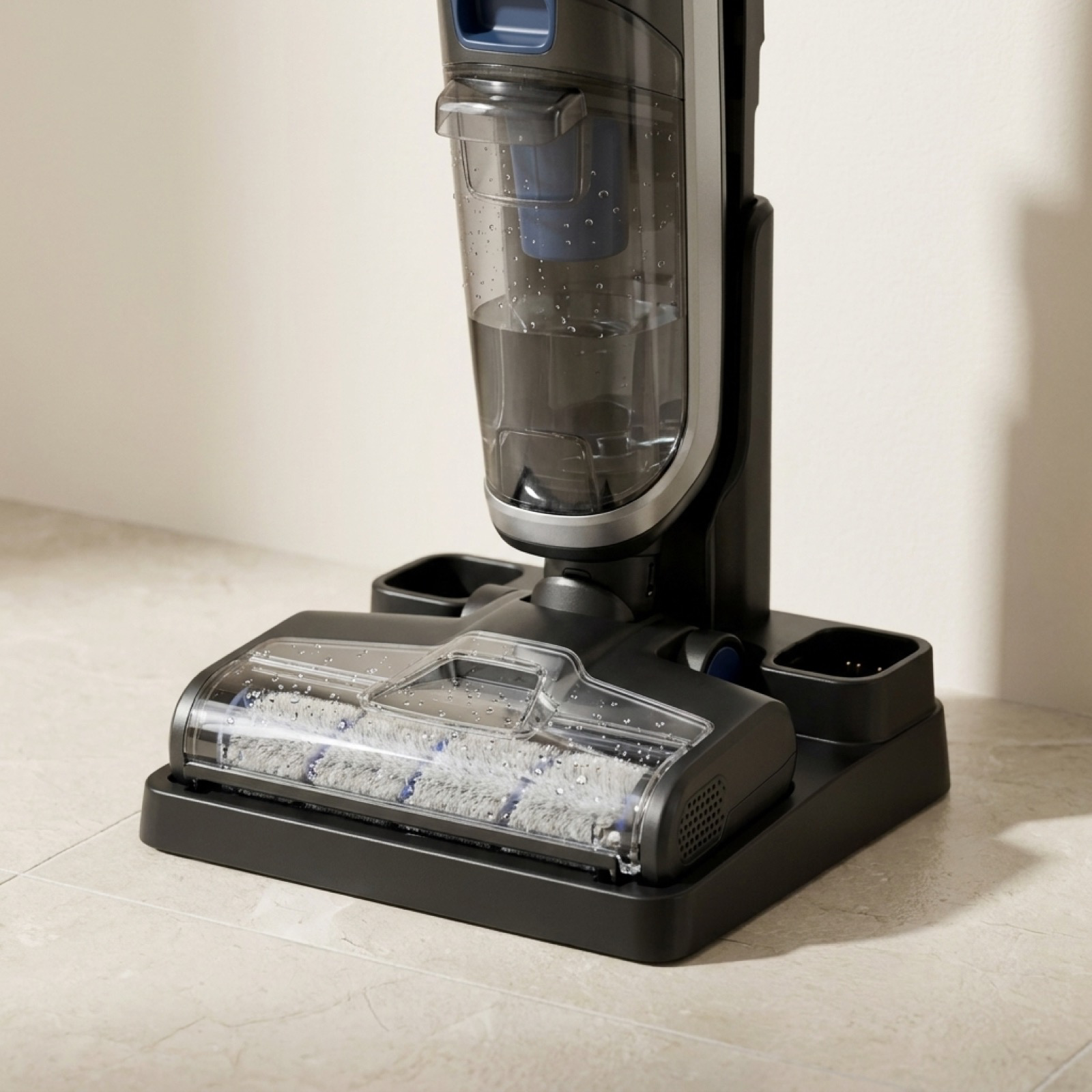 Self cleaning roller dock for cordless wet dry floor washer