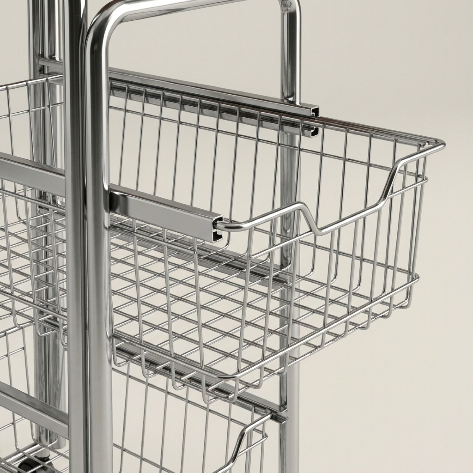 Pull-out wire basket and sliding rail detail on storage cart
