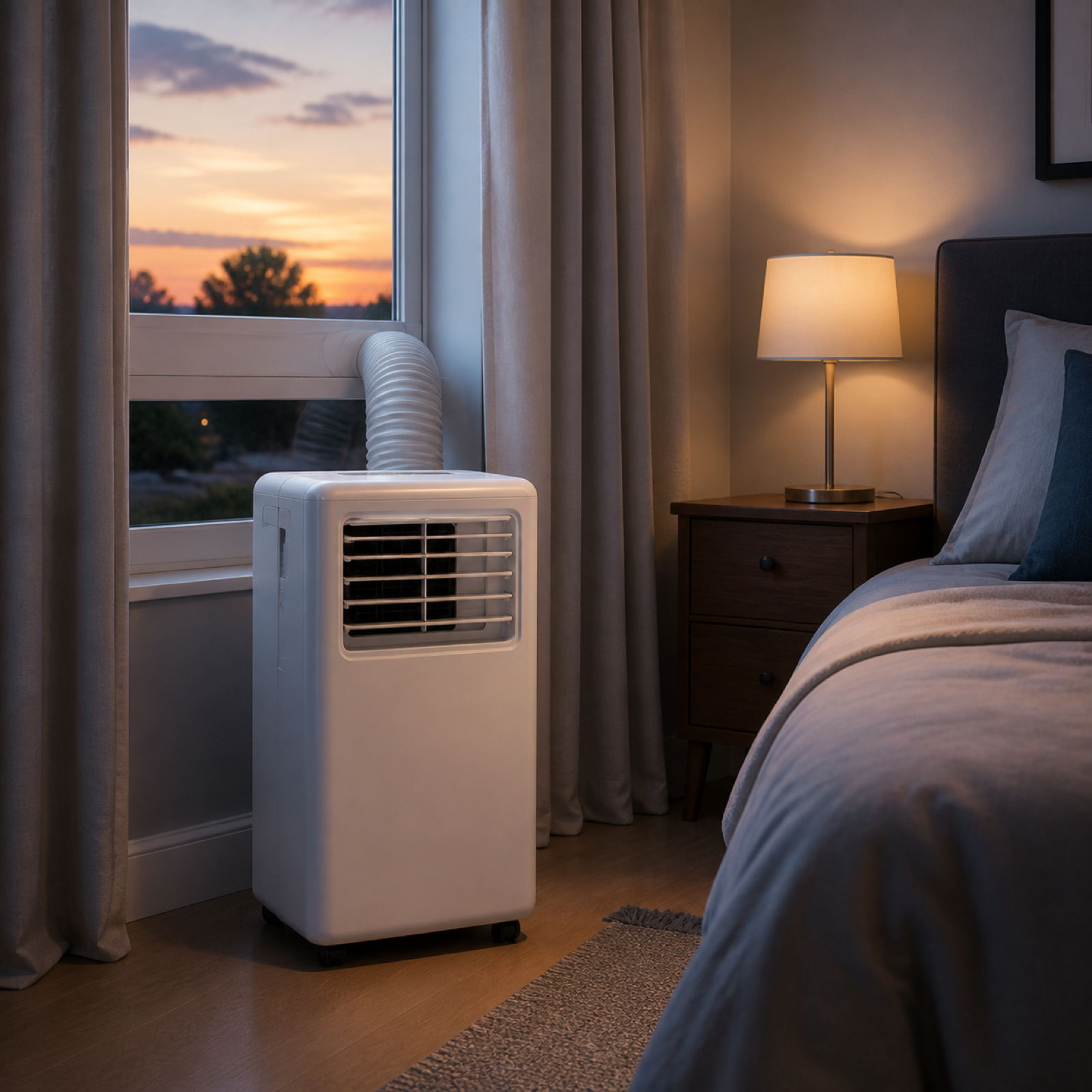 Portable air conditioner beside a bed providing evening room cooling