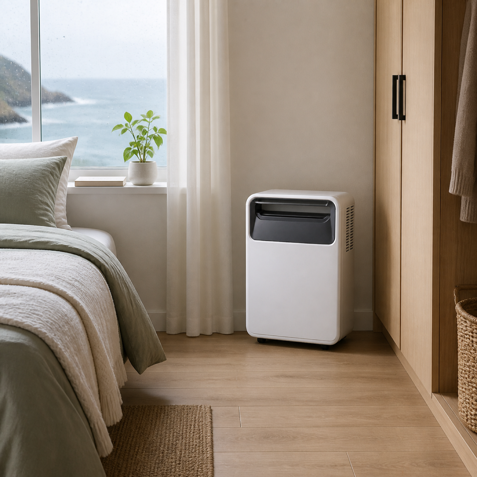 Quiet portable dehumidifier operating in a modern bedroom