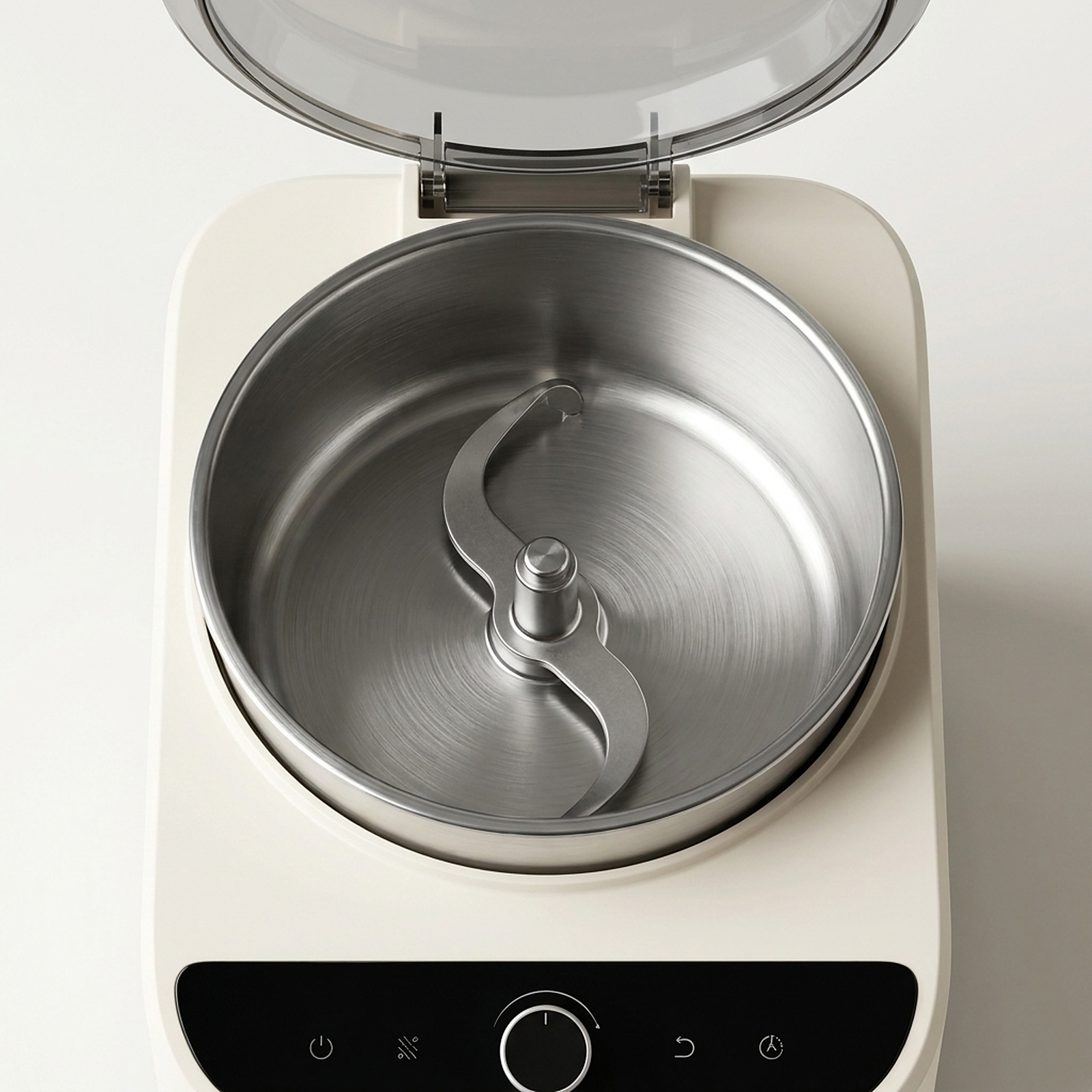 Stainless steel dough mixer bowl and kneading blade detail